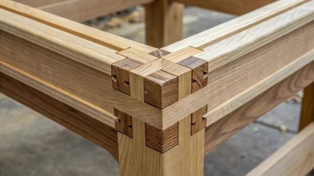 Precise craftsmanship is evident in the meticulously assembled corner joint of a wooden table, showcasing the interlocking pieces of light and dark wood