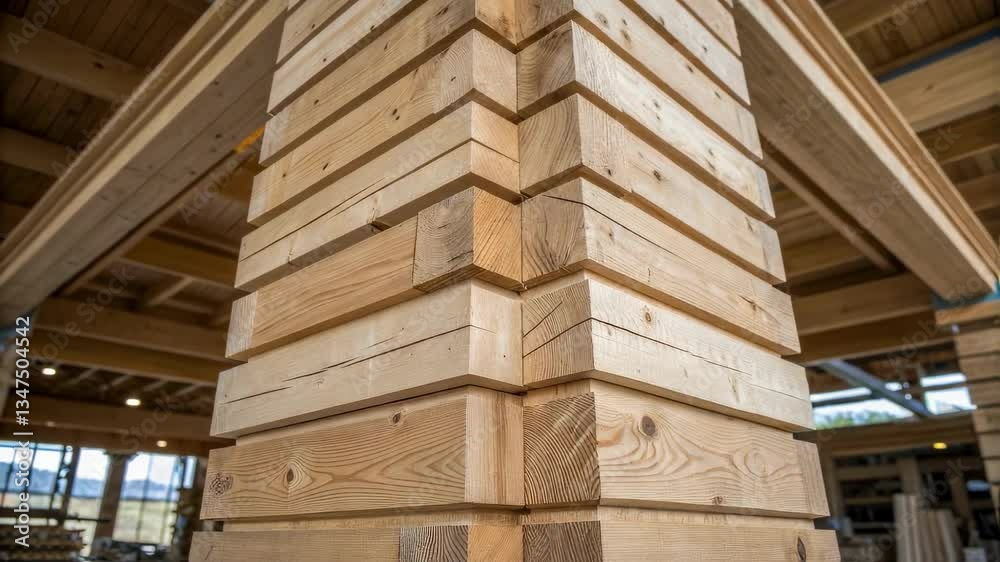 Poster construction progress of a robust wooden pillar within a modern carpentry workshop, showcasing metic