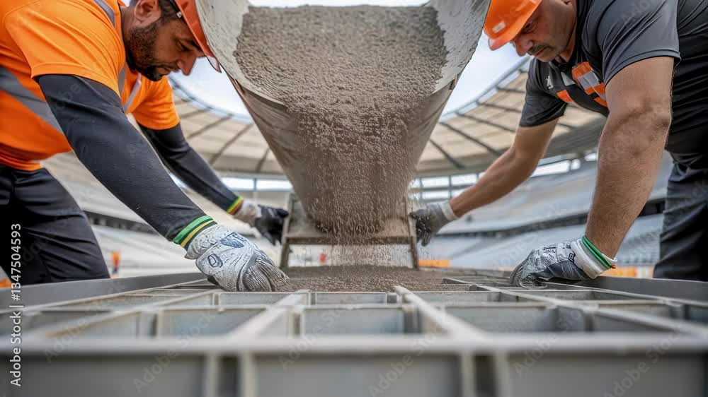 Aufkleber construction workers collaborating while carefully pouring concrete into large formwork, representin