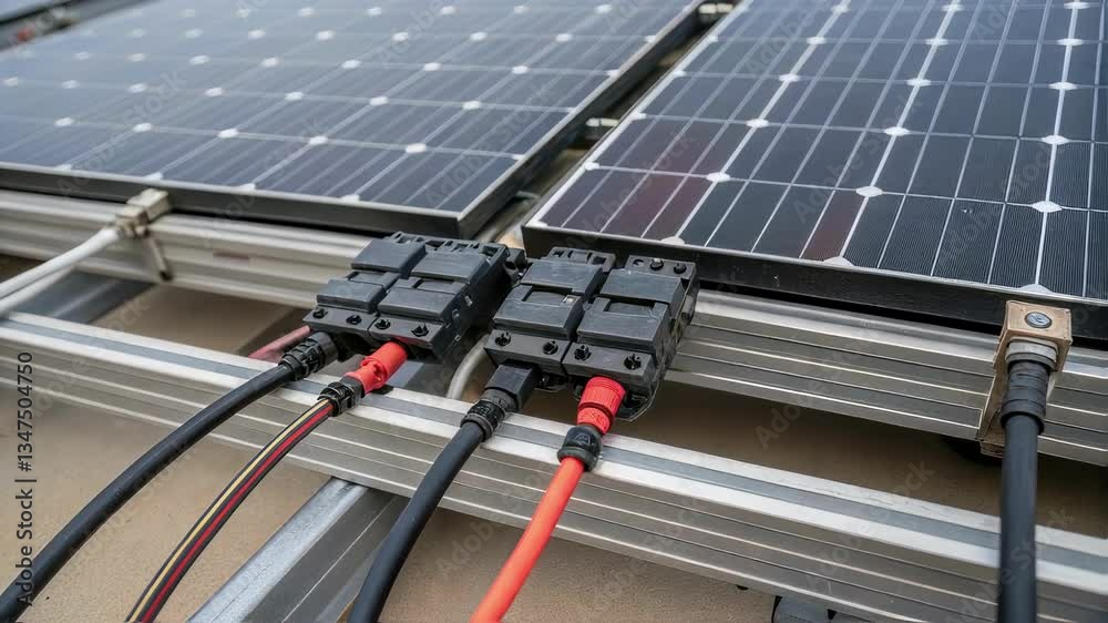 Poster close up view of electrical connectors and wiring attached to solar panels, highlighting the connect