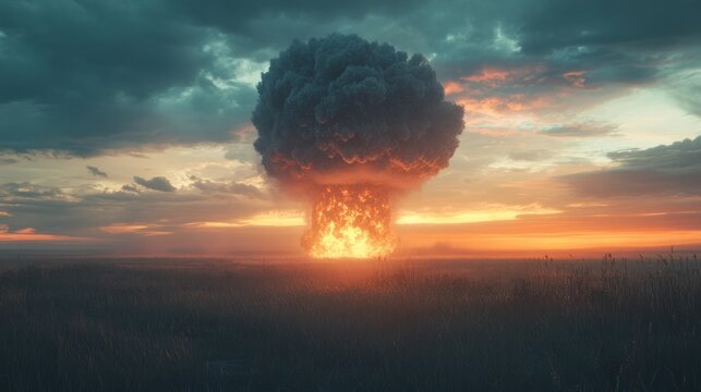 A nuclear explosion in the distance, with a dramatic mushroom cloud towering into the sky