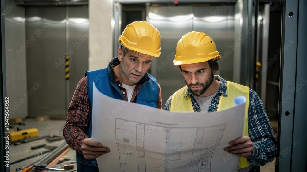 Aufkleber two engineers wearing hard hats and safety vests are carefully reviewing a blueprint inside an eleva