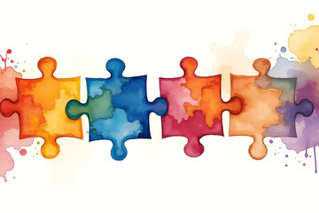 A colorful abstract design featuring interlocking puzzle pieces, each painted with a unique watercolor texture. The colors blend seamlessly, symbolizing connection, unity, and diversity. Soft textured