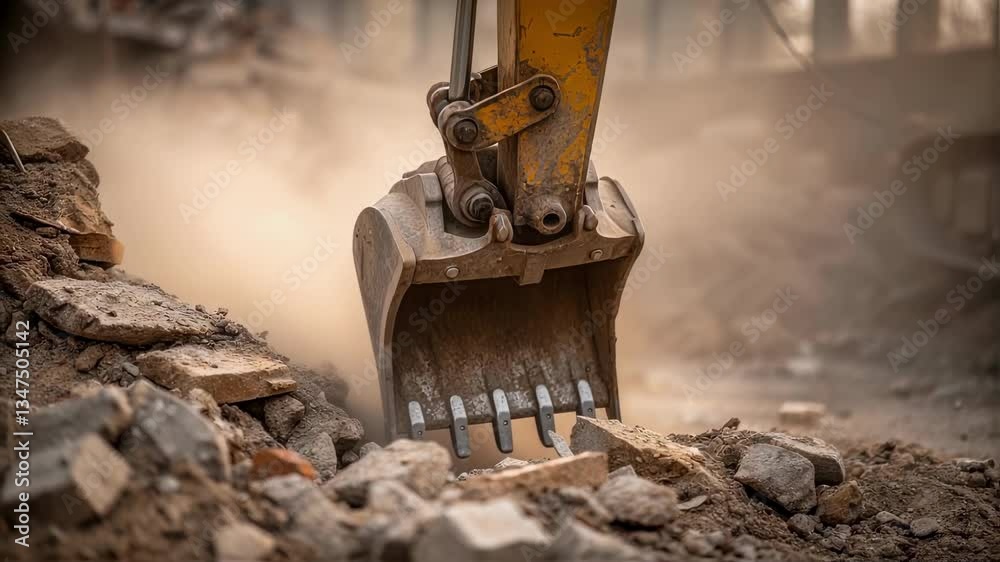 Aufkleber construction machinery systematically clearing demolition site, heavy excavator gathering rubble whi