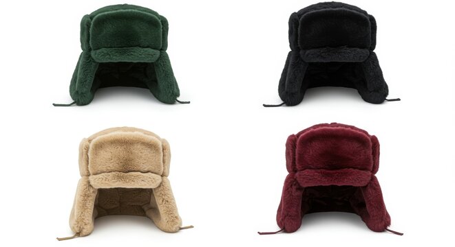 Four colored trapper hats for warmth and winter fashion on white background