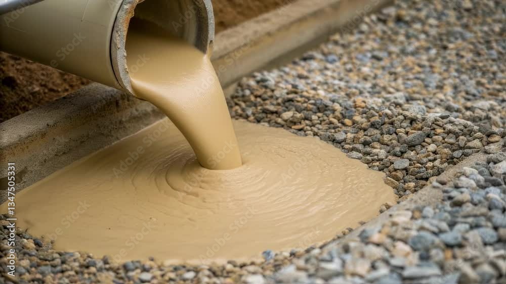 Poster liquid bentonite clay slurry pouring from a pipe into a trench filled with gravel, creating a smooth