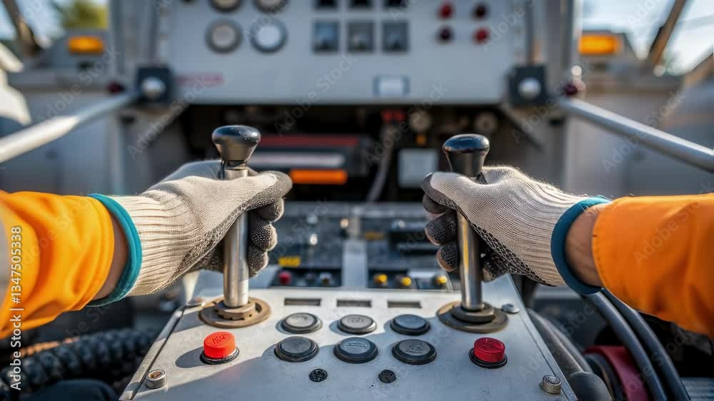 Poster construction worker wearing protective gloves controlling heavy machinery, carefully operating lever
