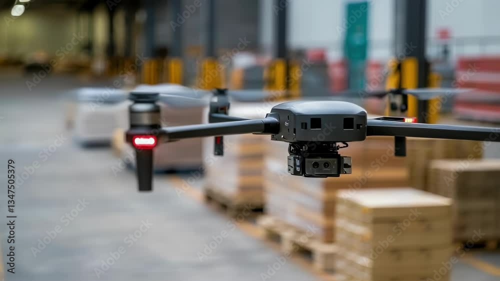 Poster Advanced logistics technology employs an autonomous drone, equipped with cameras and sensors, navigating a warehouse and scanning inventory placed on pallets