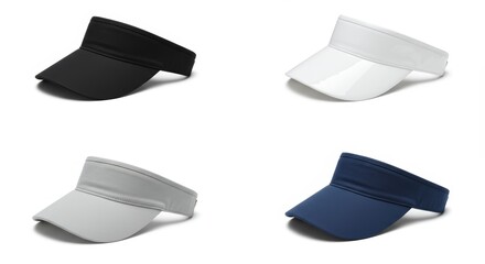 Four colorful visors offer sun protection in diverse outdoor sporting activities