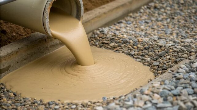Liquid bentonite clay slurry pouring from a pipe into a trench filled with gravel, creating a smooth, viscous pool for construction purposes