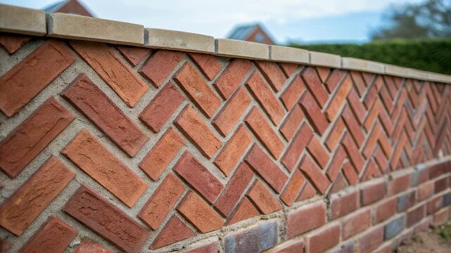 Red brick wall featuring a herringbone pattern atop a standard bricklaying pattern, showcasing construction and masonry techniques with a blurred background