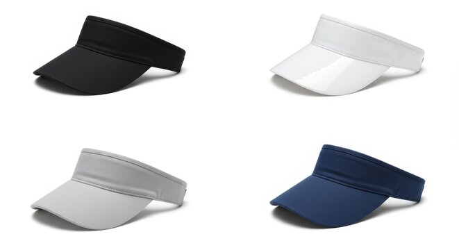 Four colorful visors offer sun protection in diverse outdoor sporting activities