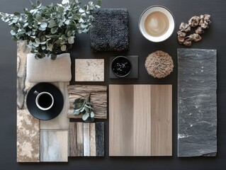 Interior design material samples.  A curated collection of textures and colors for a modern aesthetic