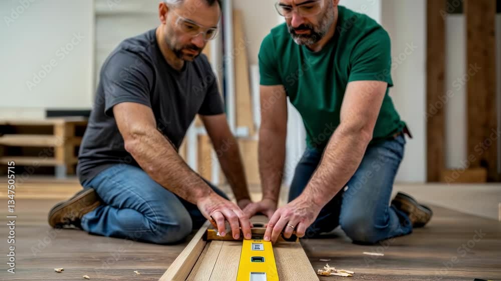 Poster two carpenters are carefully leveling a long wooden plank using a spirit level in their woodworking 