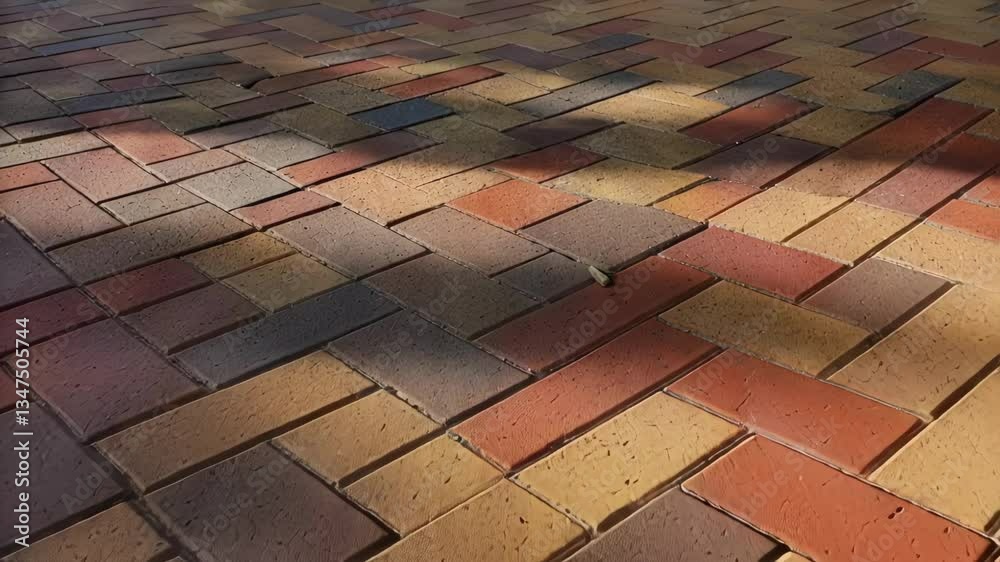 Poster vibrant brick pavement catching sunlight, generating shifting shadows and dynamic patterns across te