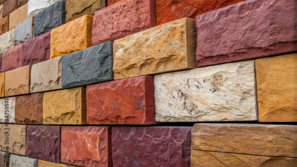 Poster Multicolored stone wall features an array of textures and colors, creating a visually appealing pattern with stacked rectangular stones in varying shades of orange, red, brown, gray, and white