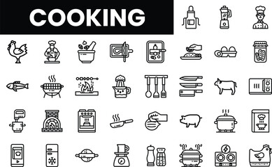 A collection of cooking icons featuring various utensils and ingredients in black and white.