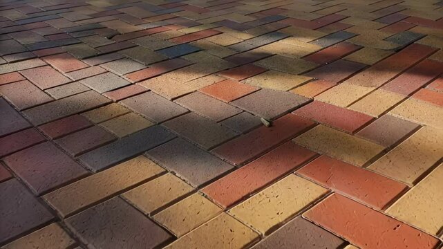 Vibrant brick pavement catching sunlight, generating shifting shadows and dynamic patterns across textured surface during daylight hours, revealing geometric variations in urban landscape