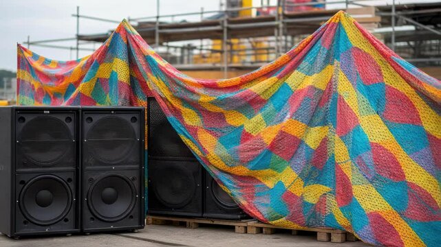 Professional sound system waiting under protective, colorful cloth at industrial construction site, showcasing high end audio equipment preparedness before performance or event