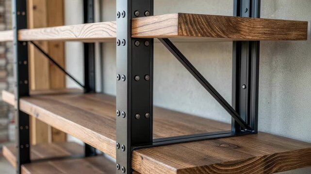 Sturdy wooden shelves featuring black metal supports affixed to textured gray wall, embodying contemporary industrial aesthetic with raw, minimalist design elements