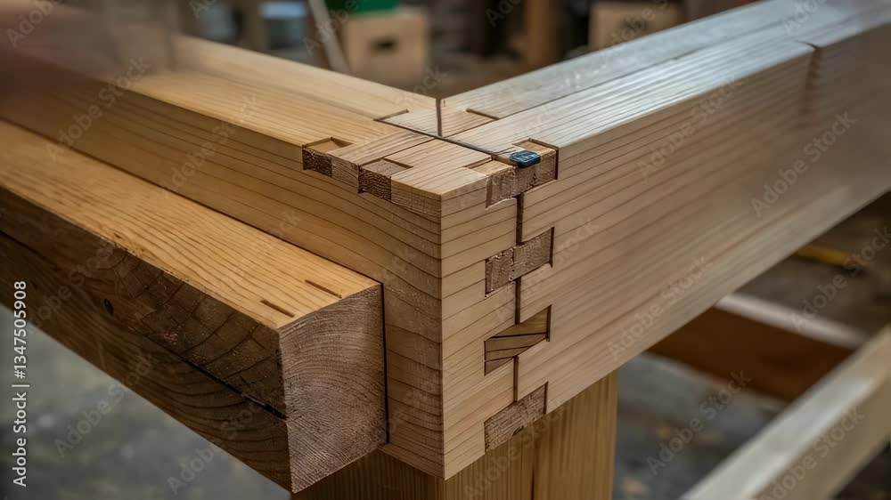 Poster Professional woodworker carefully creating precise finger joints, demonstrating intricate wood joinery techniques in detailed craftsmanship process