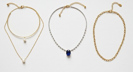 Fototapeta premium Elegant collection of necklaces featuring pearls, gemstones, and chain designs