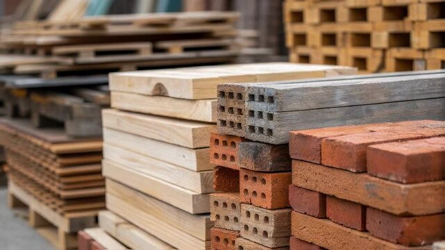 Wooden planks and red bricks are neatly stacked, showcasing essential building materials available at a construction warehouse or lumberyard
