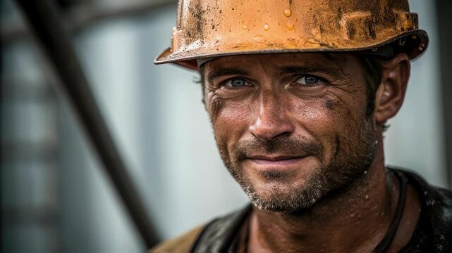 Weathered construction worker pausing during intense workday, wiping perspiration and grime from face, revealing physical demands of skilled labor and professional dedication