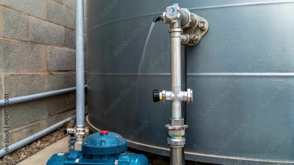 Aufkleber water gushing from metal pipe connecting large tank, pump generating increasing flow intensity while