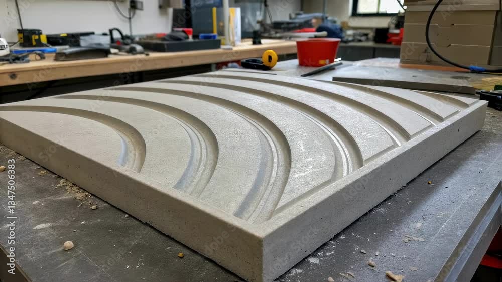 Aufkleber Workshop table displaying a square concrete tile featuring concentric semi circular reliefs, indicating a focus on design and craftsmanship in a construction or renovation setting