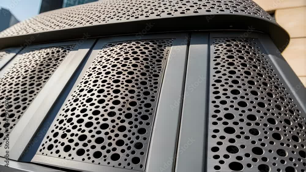 Poster metallic ventilation grilles with a futuristic circular pattern on a contemporary building, showcasi