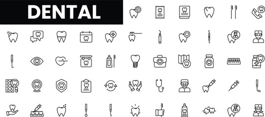 Vector dental icons representing care, hygiene, and treatment services.