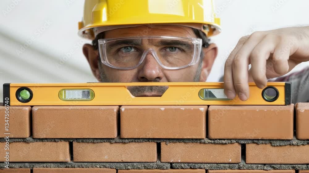 Poster construction worker wearing safety glasses and helmet uses a spirit level to check the alignment of 