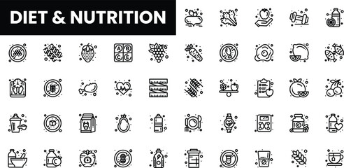 A collection of minimalistic black and white icons representing diet and nutrition.