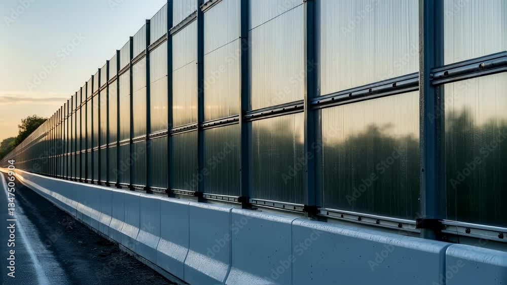 Poster Transparent acoustic panels lining highway edge, minimizing environmental noise while permitting soft morning sunlight filtering through sleek infrastructure design