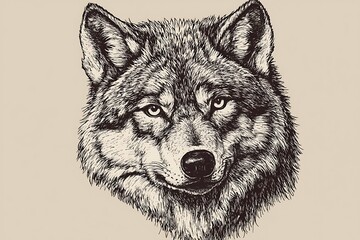 Fototapeta premium Wolf Head for Pen Sketch, Wildlife Art, Beige Background.