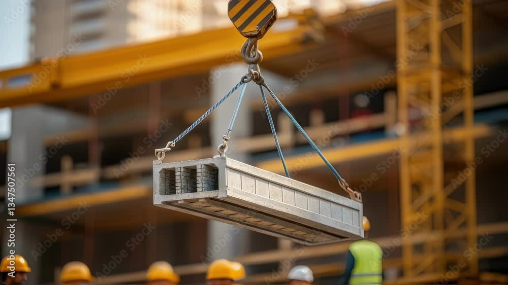Aufkleber construction crane lifting a prefabricated concrete beam at a building site, with construction worke