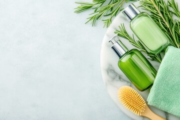 Sage green skincare bottles and natural brush create a serene spa atmosphere on a marble tray with fresh rosemary