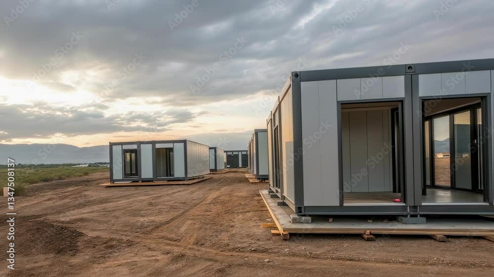 Poster prefabricated container houses standing ready for final assembly, resting on construction site with 