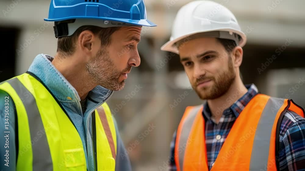 Poster Construction professionals in safety gear intently discussing project details while standing on active building site, showcasing teamwork and collaborative problem solving approach