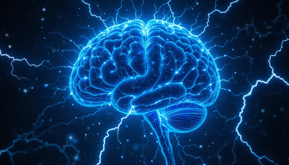 Human brain digital illustration. Electrical activity, flashes and lightning on a blue background. Digital Illustration of the Human Brain. Electrical Activity, Flashes, and Lightning on a Blue Backgr
