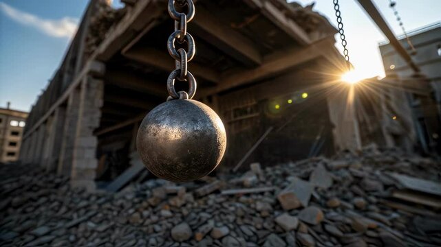 Wrecking ball hangs from crane, poised to demolish a dilapidated building, rubble and debris scattered below, bathed in the warm glow of the setting sun