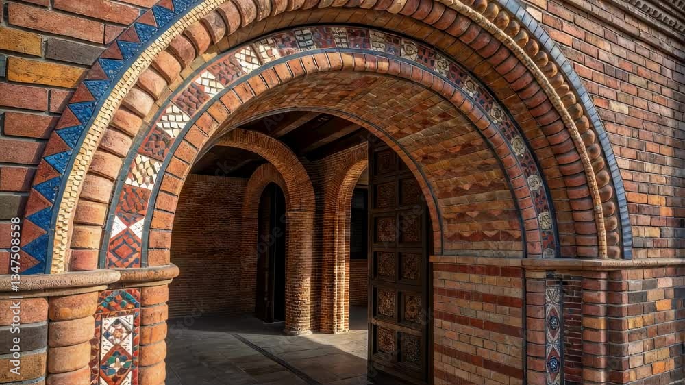 Poster warm sunlight illuminates an ornate brick archway adorned with colorful mosaic tiles, leading to an 