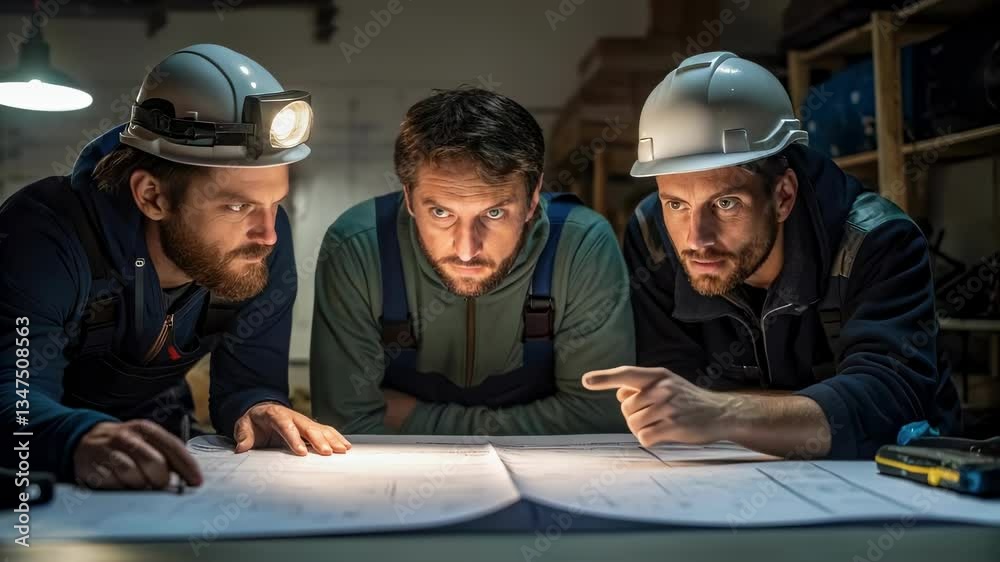 Leinwandbilder focused engineers and architects with headlamps meticulously examine blueprints under lamp light, di