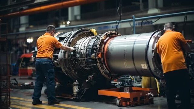 Mechanical engineering equipment being built at factory, interior of assembly shop of plant, concept of industry, technology, manufacturing, machinery, work. 