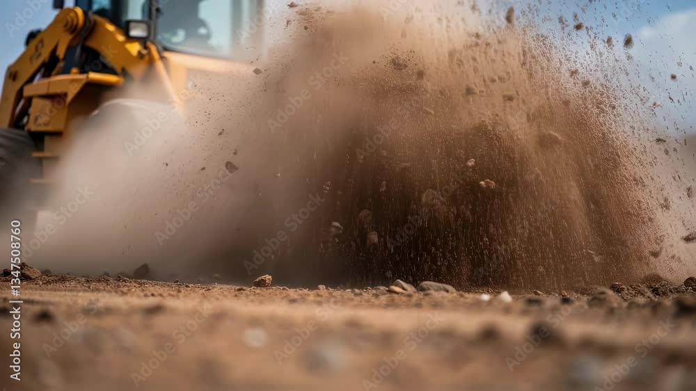 Poster Powerful machinery moves soil and generates dust clouds during earthmoving operations on a construction site, showcasing the dynamic nature of land development and preparation
