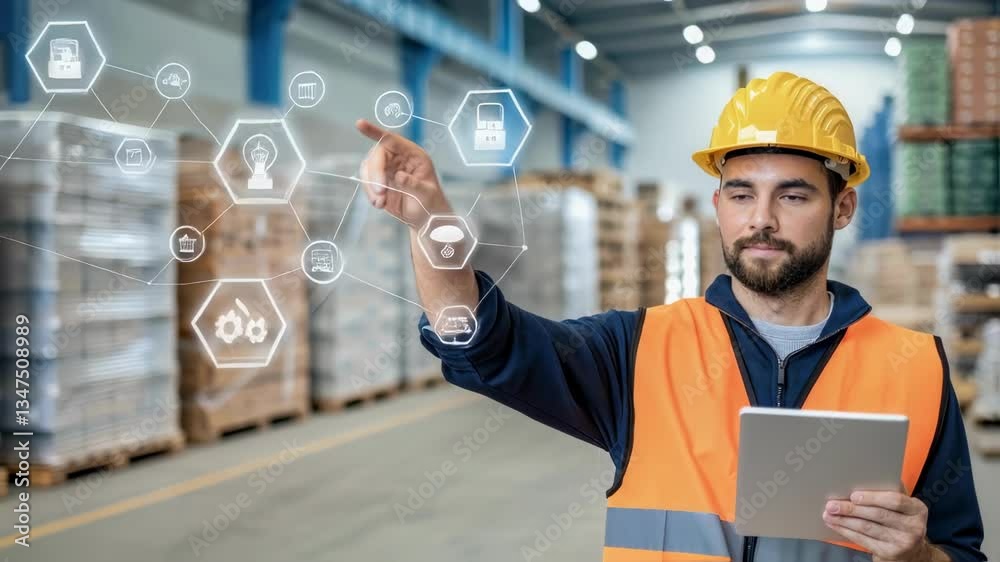 Aufkleber warehouse worker wearing safety vest and helmet using a digital tablet managing holographic interfac