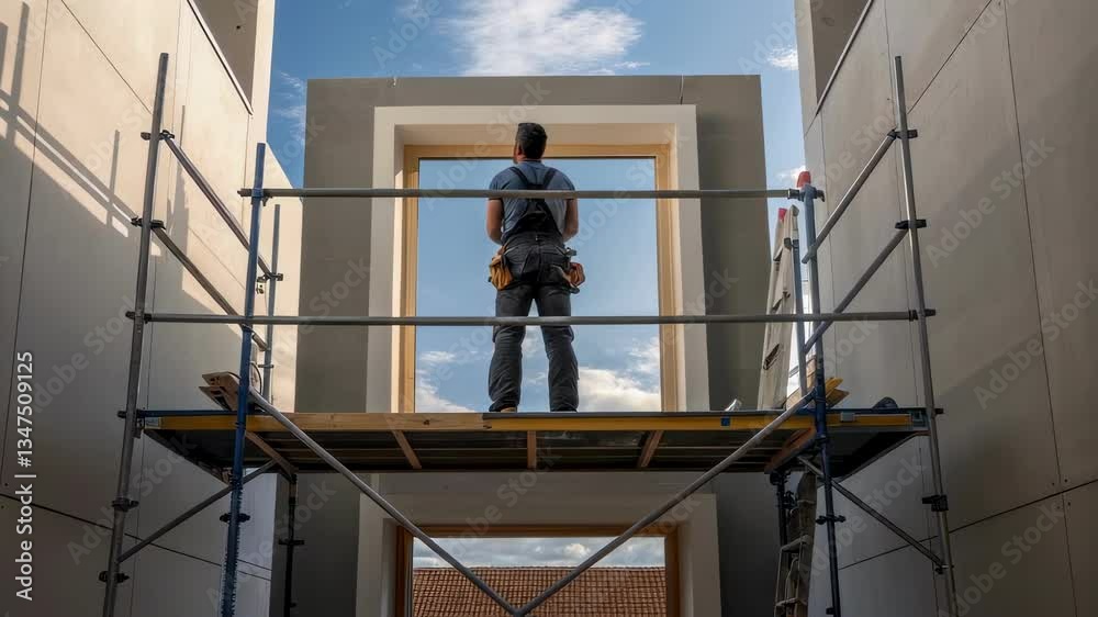 Aufkleber Construction worker standing on scaffolding, gazing through newly installed window of modern building under active development with blue sky and clouds in background
