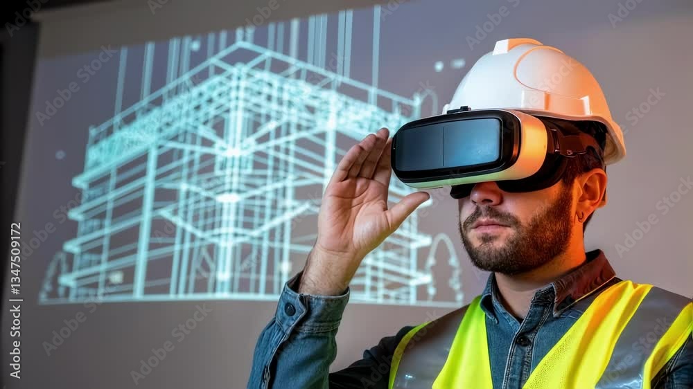 Aufkleber Professional architect wearing virtual reality headset and interacting with a projection of a 3d model of a building, experiencing innovative design visualization