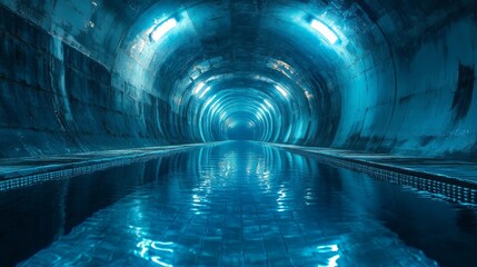An underground nuclear reactor chamber, glowing with intense blue light 